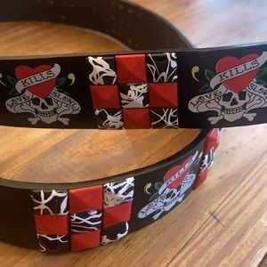 Red, black pyramid studded belt